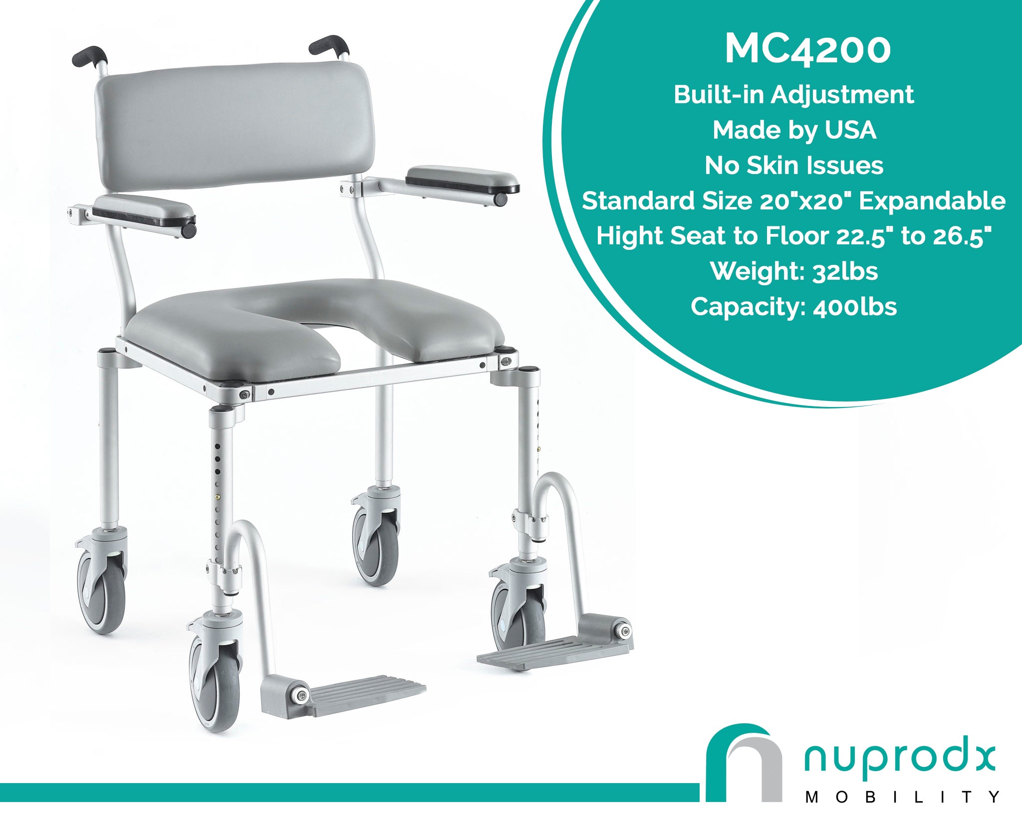Nuprodx MC4200 Wide Rolling Shower Chair with Additional Seating Space